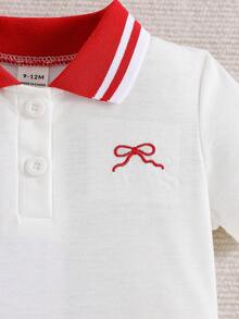SHEIN 女婴休闲蝴蝶结刺绣Polo领连衣裙，夏季 - 紅白色 - 查看 4