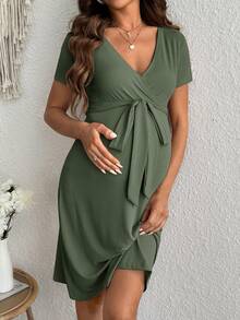 SHEIN 孕妇纯色腰带哺乳连衣裙 - 軍綠色 - 查看 6