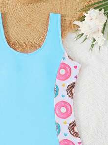 SHEIN 少女几何印花连体泳衣和短裤套装，适合海滩度假、泳池派对、沙滩派对 - 淺藍色 - 查看 4