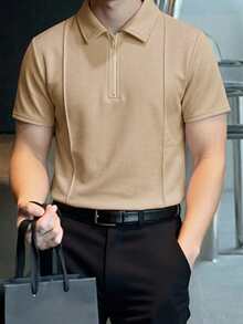 SHEIN 青少年男童海军蓝简约廓形 Polo 衫，休闲学院风，舒适时尚，百搭实用，面料柔软，适合日常穿着、上学、外出、返校季、假期、派对、夏季海滩度假、春夏穿着。 - 卡其色 - 查看 5
