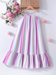 SHEIN Vestido de verano casual y lindo estilo coreano para niñas, vestido de verano coreano elegante y encantador para niños, hecho de tela tejida con estampado de rayas de colores - Morado - Ver 8