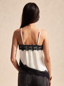 Áo camisole nữ phối ren tương phản, kiểu dáng tối giản, thường ngày. - Đỏ và trắng - Xem 2
