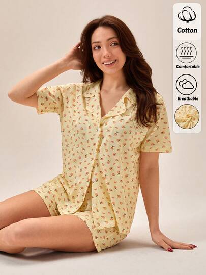 Loomlin Cotton 2pcs Button Front Apricot With Peach Pattern Short Sleeved Shirt&Shorts Homewear Comfort Women 2 Pcs Casual Soft Pajama Set For Summer