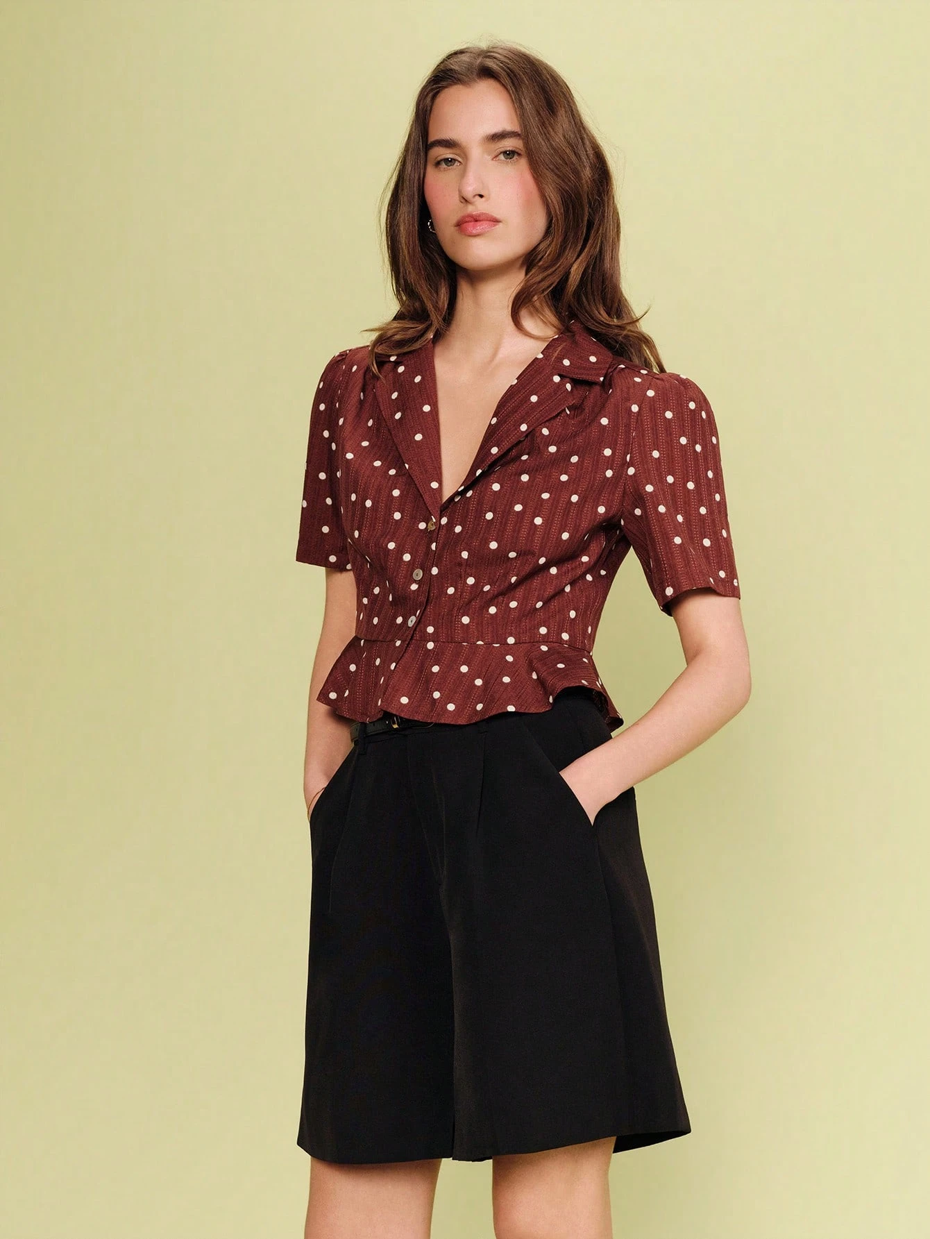 Vintage Brown Blouse With White Polka Dots, Tailored Collar, And Chic Peplum-Style Cut Vintage Cute Top Spring Summer Vacation Top Holiday Top Business Casual Office Top Work Top French Style Parisian Style
