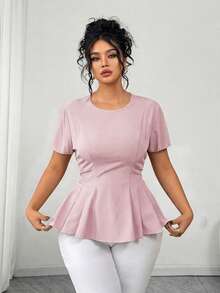 Elenzga Blusa elegante y versátil de manga corta con cuello redondo y bajo acampanado para mujer de talla grande, blusa rosa casual y elegante para mujer de negocios casuales, últimas blusas con volantes para mujer de nuevos lanzamientos - Rosa vieja - Ver 6