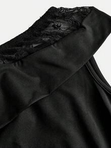 SHEIN Girlism 少女连衣裙 新款时尚蕾丝拼接斜肩优雅通勤日常穿着收腰喇叭裙摆迷你连衣裙 - 黑色 - 查看 5