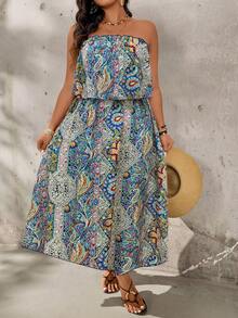 Breezaya Plus Size Ruffle Hem Dress With Large Floral Print, Vacation Style - Green - View 3