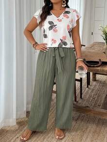 Embrisa 2pcs/Set Women Plus Size Boho Print Top And Green Pants Set, Fashion New Style For Spring And Summer Going Out Sets - Multicolor - View 2