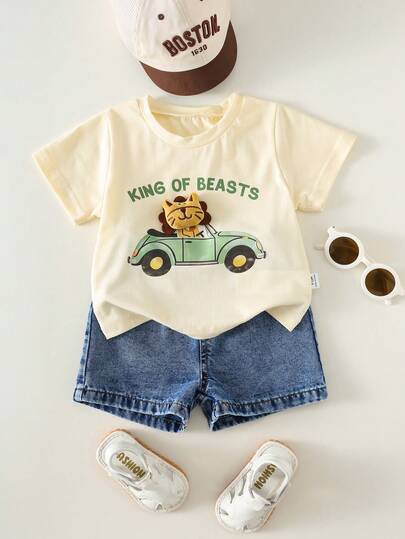 2pcs Baby Boy Summer Casual Cute Lion Pattern T-Shirt Top + Blue Denim Shorts Outfit Set