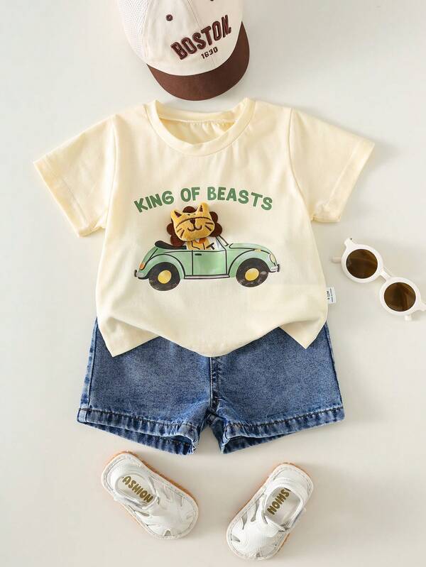 Conjunto de 2 piezas de ropa de verano casual y linda para bebé niño, con camiseta con estampado de león + pantalones cortos de mezclilla azules
