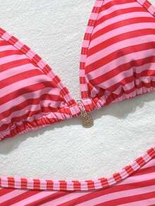 SHEIN Bikini de cuello halter sin espalda a rayas de colores para adolescentes, ideal para verano y vacaciones en la playa - Multicolor - Ver 3