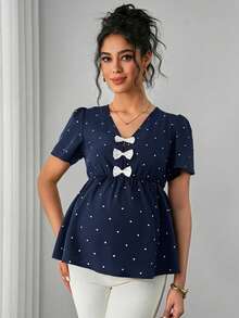 Momance Navy Blue Summer Maternity Top,Fairy Baby Shower Blouse,V-Neck Bow Decor A-Line Hem Polka Dot Print Short Sleeve Clothes For Pregnant Women,Business - Navy Blue - View 3