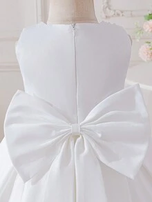 Glamorique Kids 女婴婚礼花童礼服，优雅珍珠领大蝴蝶结缎面蓬蓬裙，适合幼儿生日庆祝活动 - 白色 - 查看 3
