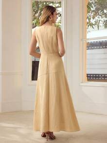 MOTF PREMIUM VESTIDO MIDI DE LINO CON ENCAJE GUIPUR AMARILLO CONTRASTANTE PARA MUJERES, ADECUADO PARA CITAS Y VACACIONES, PRIMAVERA/VERANO - Caqui - Ver 3