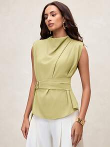 Aveloria Modichic Áo kiểu nữ cổ cao, vai lệch, nhún bèo, không tay, eo điều chỉnh được, màu vàng mù tạt. - Vàng nhạt - Xem 5