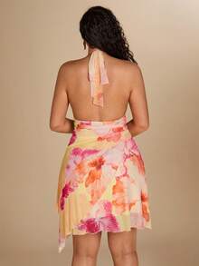 SHEIN BAE Đầm đi biển gợi cảm hở lưng in hoa cổ yếm dành cho nữ cỡ lớn - Nhiều màu - Xem 2