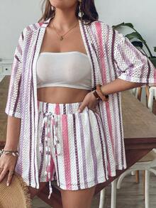 SHEIN VCAY Plus Size Women Summer Blue & White Striped Shirt And Shorts Knit 2 Pieces Set - Multicolor - View 3