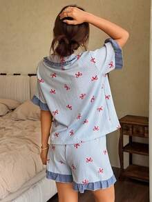 Napfluff Blue Striped Bow Print Patchwork Contrast Color Ruffle Trim Women Lapel Short Sleeve Shorts Pajama Set - Blue and White - View 2