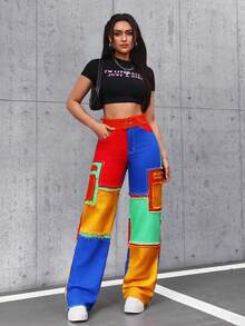 SHEIN Tall Quần jeans nữ ống đứng, kiểu dáng thường ngày, phối màu tương phản, rách gấu, có túi. - Nhiều màu - Xem 7