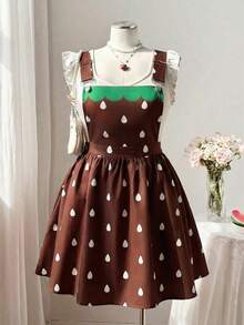 Sweetra Plus Size Women Cute Sweet Casual Vacation Red Ditsy Floral Sleeveless Dress - Coffee Brown - View 5