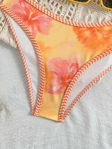 SHEIN Ensemble de maillot de bain à col ras-du-cou avec imprimé floral orange pour adolescentes, idéal pour les vacances à la plage en été - Orange - Voir 3