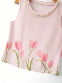 SHEIN LUNE 女士夏季法式珍珠领郁金香印花亮面优雅吊带背心，适合约会、休闲、办公、下午茶、母亲节、教师节等场合。 - 粉色 - 查看 5