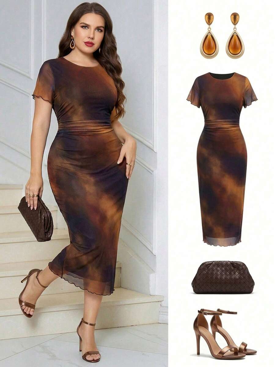 Ellevyn Plus Size Elegant Tie-Dye Print Fitted Dress, Summer - Multicolor - View 1