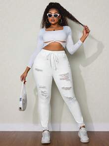 Slaydiva Plus Size Women Drawstring Waist Distressed Elastic Waist Versatile Jeans - White - View 3