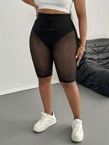 SHEIN PETITE CURVE 大码女式纯色透视极简骑行短裤，适合夏季出行 - 黑色 - 查看 3