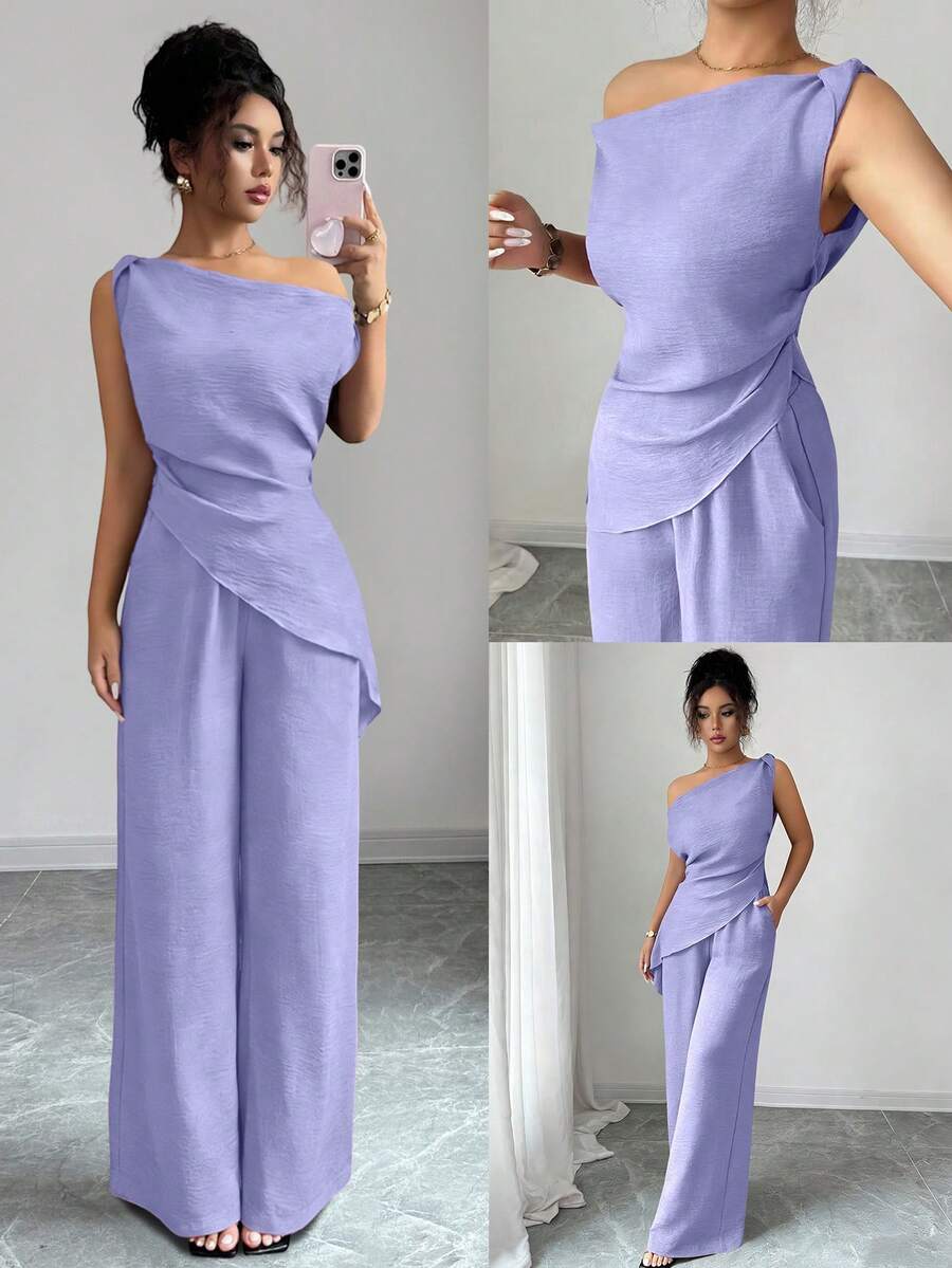 Elenzga Nuovo set estivo coreano a 2 pezzi, adatto per viaggi e fotografia, con un elegante top asimmetrico blu profondo del mare e pantaloni casual a vita alta - Viola malva - Visualizzare 1
