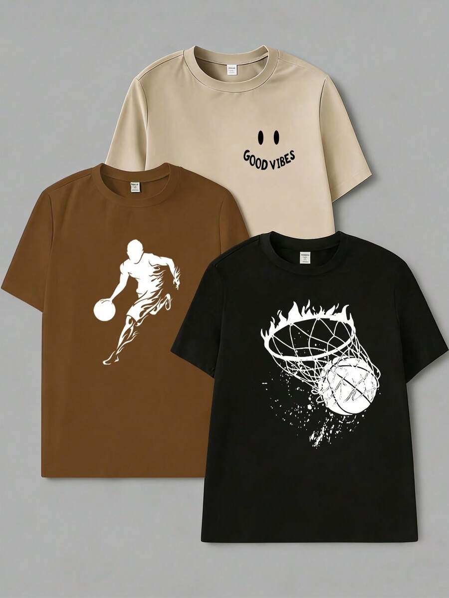 SHEIN Coolqubz 3件套青少年男童休闲户外运动简约圆领短袖上衣,夏季 - 彩色 - 查看 1