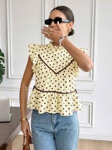 女士复古优雅波点印花荷叶边袖口上衣，夏季 - 彩色 - 查看 7