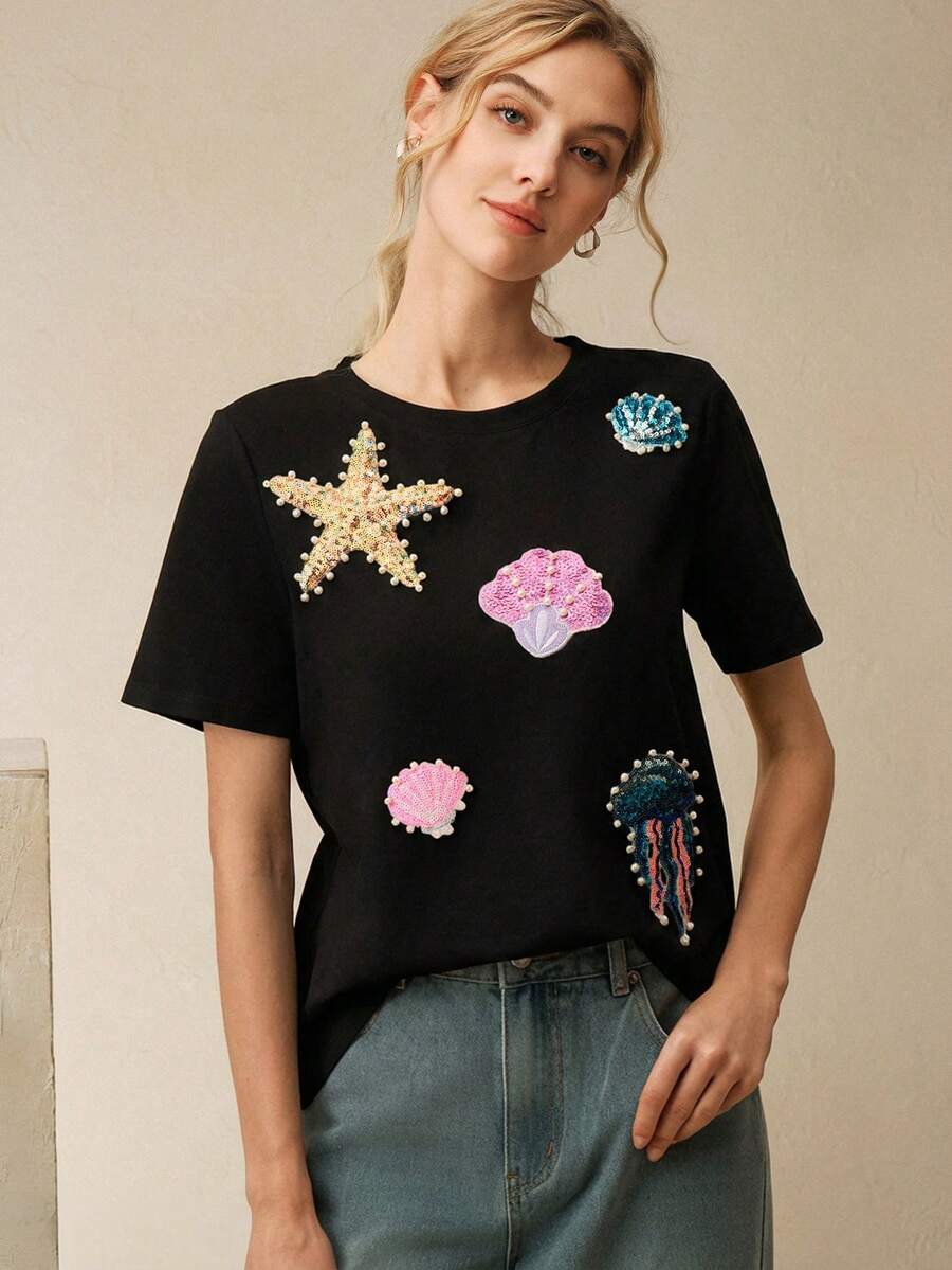 Anewsta Áo thun ngắn tay cổ tròn màu trắng đính sequin và hạt cườm - màu đen - Xem 1