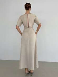 Siren Gaze Women's Solid Color Round Neck Pleated Waist Casual Dress, Elegant Backless Dress, Summer Long Dress - Apricot - View 2