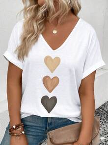 EMERY ROSE Women's V-Neck Turnover Cuff, Ombre Heart Print Casual Versatile T-Shirt, Spring/Summer - White - View 1