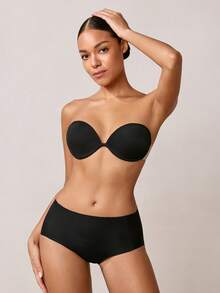 Veilyse Solid Color Strapless Bandeau Bra, BC Cup, Lift & Enhance Backless Invisible Brafor Summerfor Summer - Black - View 3