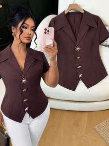 SHEIN Elenzya Plus Size Women's Spring/Summer Burgundy Elegant Asymmetrical Metal Button Lapel Short Sleeve Blouse - Brown - View 1