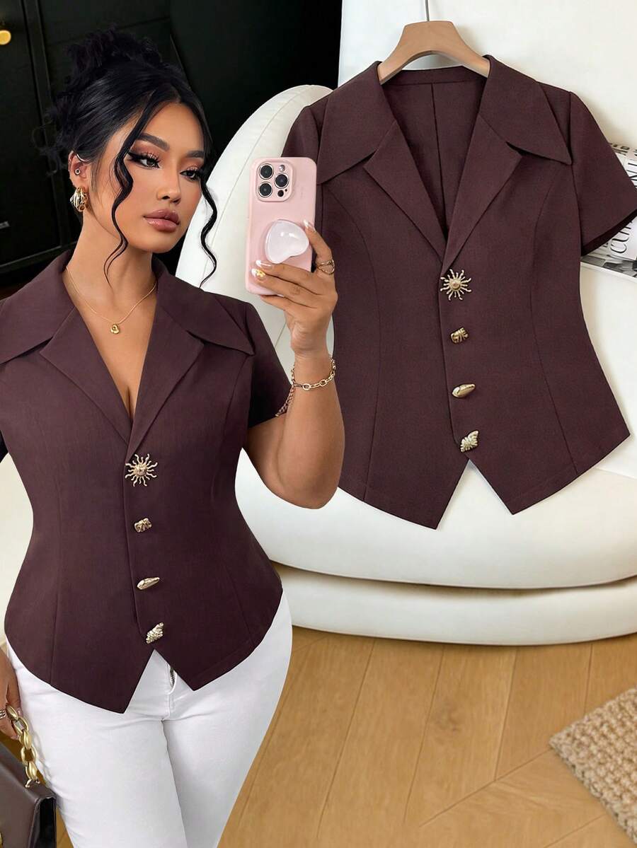 SHEIN Elenzya Plus Size Women's Spring/Summer Burgundy Elegant Asymmetrical Metal Button Lapel Short Sleeve Blouse - Brown - View 1