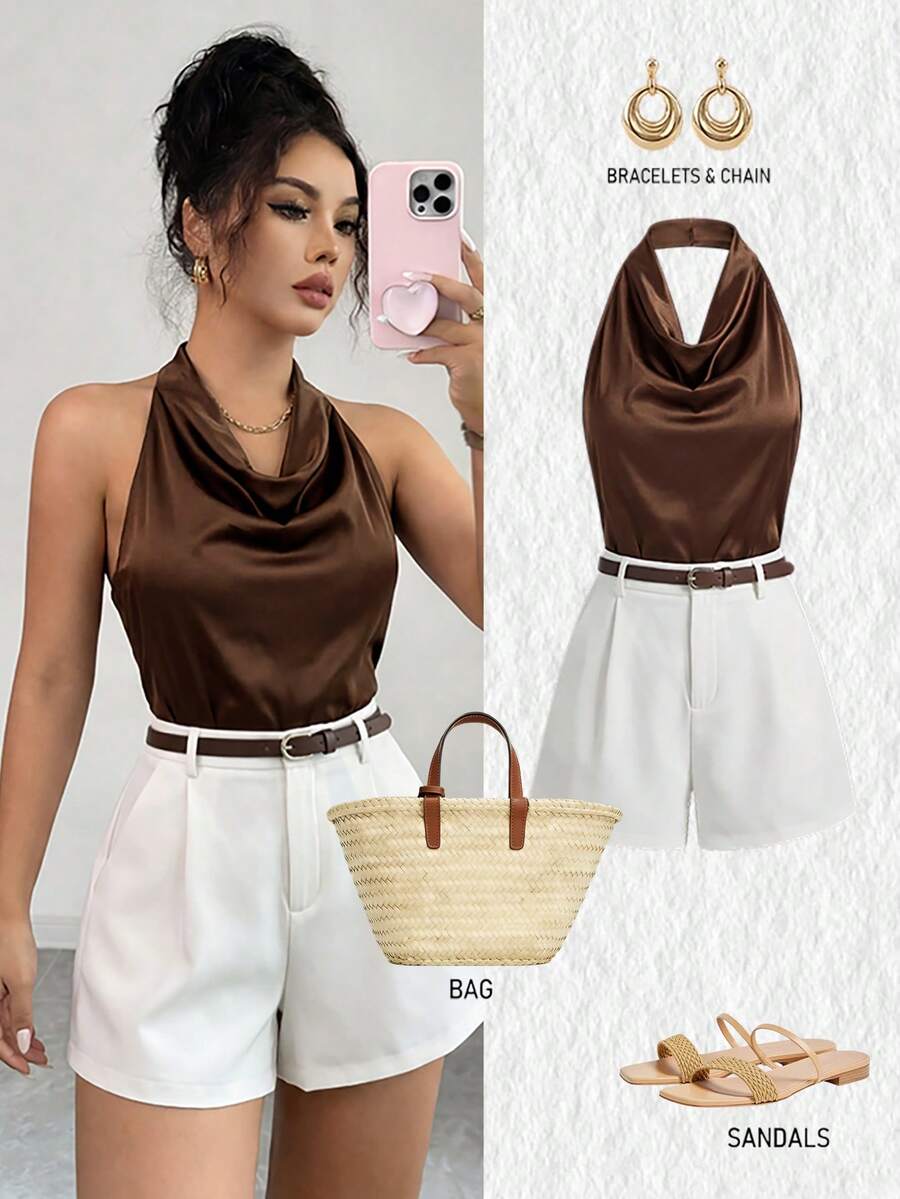 Franclia 女士复古巧克力棕色露背垂褶领吊带背心配腰带和白色休闲短裤两件套，适合工作和休闲场合 - 棕色 - 查看 1