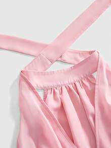 ROMWE Casual Chiffon Halter Neck Crop Top, Pink - Pink - View 3