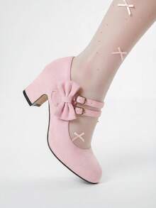 ROMWE Kawaii Giày cao gót Mary Jane quai chữ T thời trang thường ngày cho đám cưới mùa thu/đông, giày dự tiệc gót dày, giày đi làm/công sở màu hồng giả da lộn, giày đi chơi ngoài trời cho nữ (Giày rộng hơn nửa cỡ, người mua có bàn chân hẹp nên mua nhỏ hơn 1 cỡ hoặc kiểm tra chiều dài bàn chân, chu vi lòng bàn tay trước khi mua) - Hồng - Xem 6