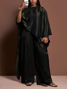 SHEIN CURVE+ Curve 尺码 US22 音乐节、海滨度假、波西米亚风女士亮面面料斗篷上衣和阔腿裤两件套，适合圣诞节/新年/派对/优雅女性风格/闪亮两件套/感恩节/正式场合 - 黑色 - 查看 3