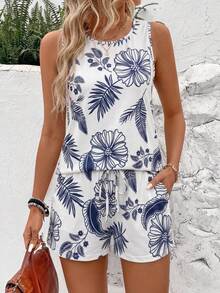 EMERY ROSE 女士印花圆领吊带背心和短裤休闲两件套 - 彩色 - 查看 1