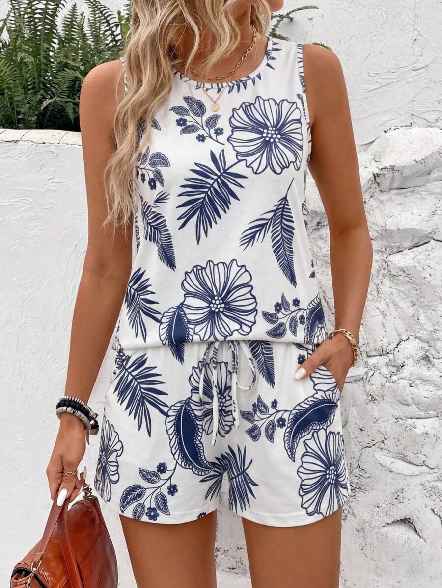 EMERY ROSE 女士印花圆领吊带背心和短裤休闲两件套 - 彩色 - 查看 1
