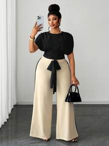 Maweii Plus Size Women's Elegant Daily Commute Round Neck Top And Wide Leg Pants 2 Pieces Set, Spring/Summer Dinner Office Black Beige - Multicolor - View 1