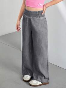 SHEIN Quần ống rộng cạp cao màu xanh dương cho bé gái tuổi teen, thích hợp cho kỳ nghỉ hè, mùa xuân thu, kiểu dáng rộng rãi, thoải mái, thích hợp mặc hàng ngày. - Xám - Xem 5