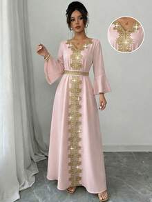 Selianne Đầm dạ hội dài thanh lịch dành cho nữ, cổ chữ V, đính ren, xếp ly, thắt eo. - Hồng - Xem 1