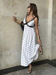 Pariaura Đầm slip cổ chữ V chấm bi thắt eo dành cho nữ - trắng - Xem 5