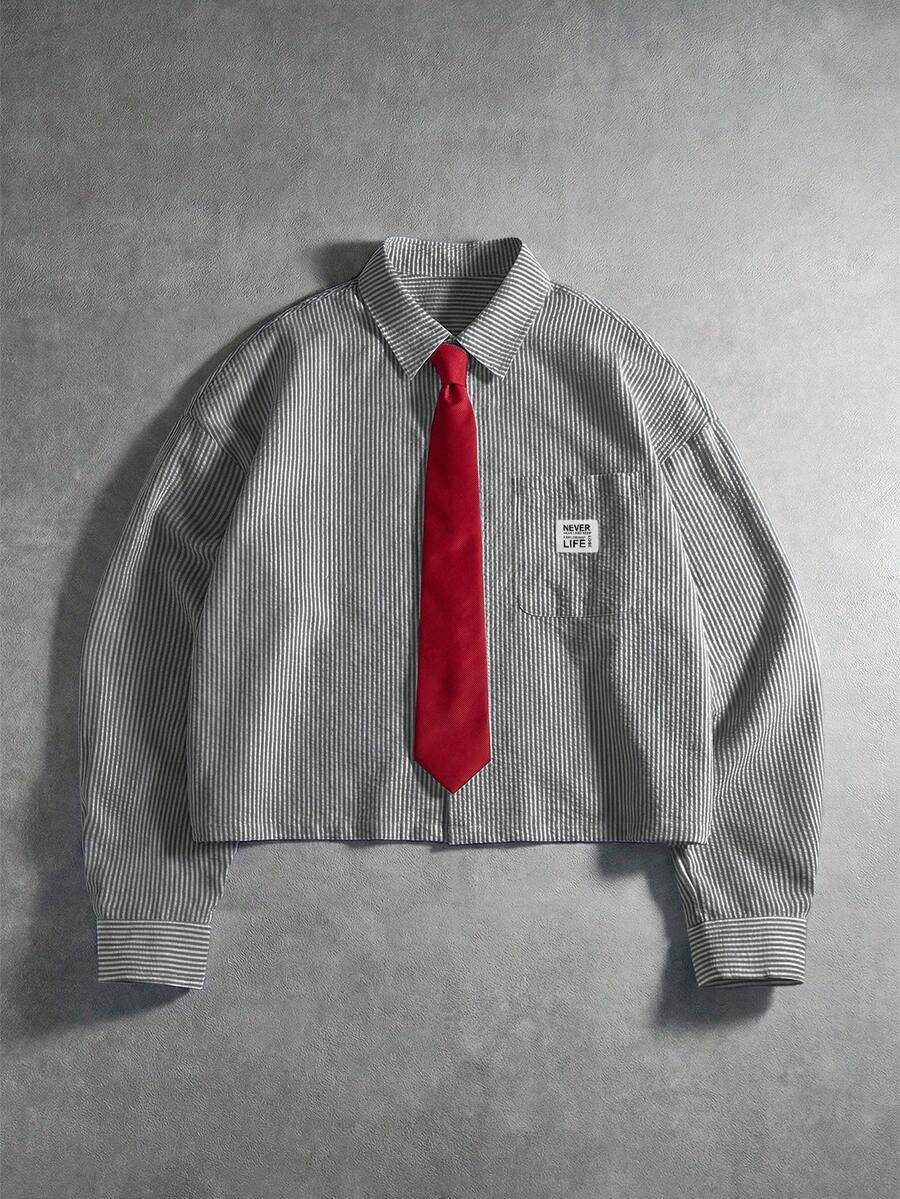 PAVTROS Áo sơ mi nam kẻ sọc kiểu dáng thường ngày, phù hợp đi làm, kèm cà vạt. - màu đen - Xem 1