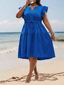 SHEIN CURVE+ Đầm nữ cỡ lớn mùa hè, kiểu dáng thường ngày, màu trơn, cổ chữ V, bèo nhún, tay áo, thắt eo. - Màu xanh lam - Xem 5